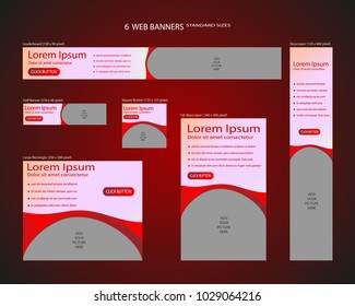 Six web banners standard sizes with space for photo. Leaderboard, Half banner, square button, large rectangle, fat skyscraper, skyscraper. Vector illustration. EPS 10