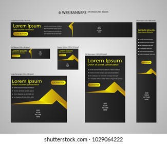 Six web banners standard sizes with space for photo. Leaderboard, Half banner, square button, large rectangle, fat skyscraper, skyscraper. Vector illustration. EPS 10