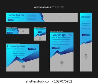 Six web banners standard sizes with space for photo. Leaderboard, Half banner, square button, large rectangle, fat skyscraper, skyscraper. Vector illustration. EPS 10