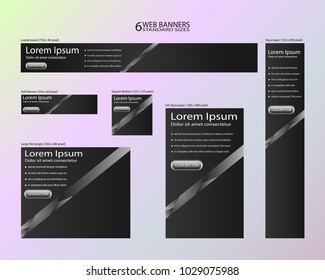 Six Web Banners Standard Sizes With Space For Photo. Leaderboard, Half Banner, Square Button, Large Rectangle, Fat Skyscraper, Skyscraper. Vector Illustration. EPS 10