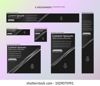 Six web banners standard sizes with space for photo. Leaderboard, Half banner, square button, large rectangle, fat skyscraper, skyscraper. Vector illustration. EPS 10