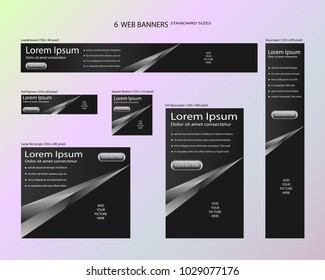 Six web banners standard sizes with space for photo. Leaderboard, Half banner, square button, large rectangle, fat skyscraper, skyscraper. Vector illustration. EPS 10