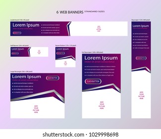 Six Web Banners Standard Sizes With Space For Photo. Leaderboard, Half Banner, Square Button, Large Rectangle, Fat Skyscraper, Skyscraper. Vector Illustration. EPS 10