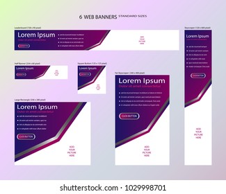 Six Web Banners Standard Sizes With Space For Photo. Leaderboard, Half Banner, Square Button, Large Rectangle, Fat Skyscraper, Skyscraper. Vector Illustration. EPS 10