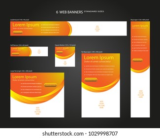 Six Web Banners Standard Sizes With Space For Photo. Leaderboard, Half Banner, Square Button, Large Rectangle, Fat Skyscraper, Skyscraper. Vector Illustration. EPS 10