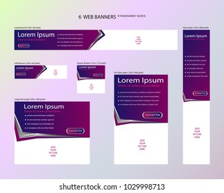 Six web banners standard sizes with space for photo. Leaderboard, Half banner, square button, large rectangle, fat skyscraper, skyscraper. Vector illustration. EPS 10