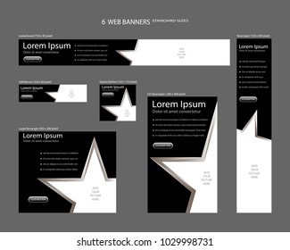 Six web banners standard sizes with space for photo. Leaderboard, Half banner, square button, large rectangle, fat skyscraper, skyscraper. Vector illustration. EPS 10