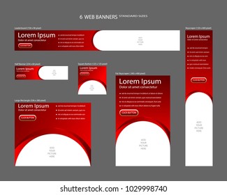 Six web banners standard sizes with space for photo. Leaderboard, Half banner, square button, large rectangle, fat skyscraper, skyscraper. Vector illustration. EPS 10