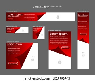 Six Web Banners Standard Sizes With Space For Photo. Leaderboard, Half Banner, Square Button, Large Rectangle, Fat Skyscraper, Skyscraper. Vector Illustration. EPS 10