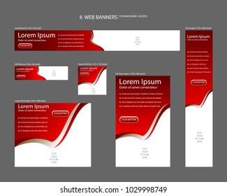 Six web banners standard sizes with space for photo. Leaderboard, Half banner, square button, large rectangle, fat skyscraper, skyscraper. Vector illustration. EPS 10