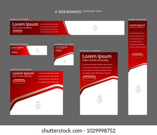 Six Web Banners Standard Sizes With Space For Photo. Leaderboard, Half Banner, Square Button, Large Rectangle, Fat Skyscraper, Skyscraper. Vector Illustration. EPS 10