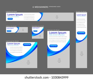 Six Web Banners Standard Sizes With Space For Photo. Leaderboard, Half Banner, Square Button, Large Rectangle, Fat Skyscraper, Skyscraper. Vector Illustration. EPS 10