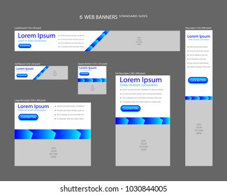 Six web banners standard sizes with space for photo. Leaderboard, Half banner, square button, large rectangle, fat skyscraper, skyscraper. Vector illustration. EPS 10
