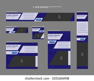 Six web banners standard sizes with space for photo. Leaderboard, Half banner, square button, large rectangle, fat skyscraper, skyscraper. Vector illustration. EPS 10