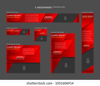 Six web banners standard sizes with space for photo. Leaderboard, Half banner, square button, large rectangle, fat skyscraper, skyscraper. Vector illustration. EPS 10