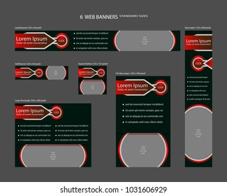 Six Web Banners Standard Sizes With Space For Photo. Leaderboard, Half Banner, Square Button, Large Rectangle, Fat Skyscraper, Skyscraper. Vector Illustration. EPS 10