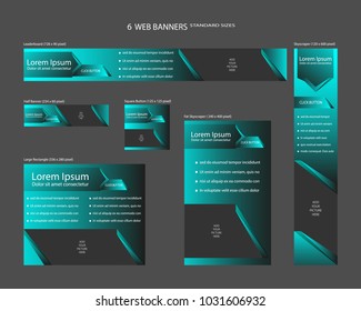 Six Web Banners Standard Sizes With Space For Photo. Leaderboard, Half Banner, Square Button, Large Rectangle, Fat Skyscraper, Skyscraper. Vector Illustration. EPS 10