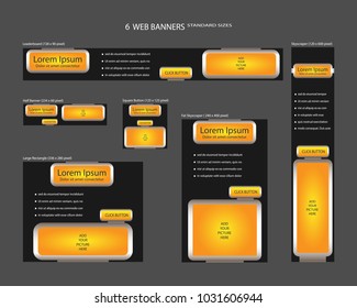 Six web banners standard sizes with space for photo. Leaderboard, Half banner, square button, large rectangle, fat skyscraper, skyscraper. Vector illustration. EPS 10