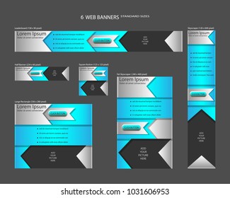 Six web banners standard sizes with space for photo. Leaderboard, Half banner, square button, large rectangle, fat skyscraper, skyscraper. Vector illustration. EPS 10