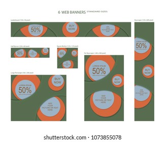 Six web banners standard sizes with space for photo. Leaderboard, Half banner, square button, large rectangle, fat skyscraper, skyscraper. Vector illustration. EPS 10