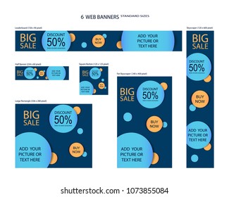 Six Web Banners Standard Sizes With Space For Photo. Leaderboard, Half Banner, Square Button, Large Rectangle, Fat Skyscraper, Skyscraper. Vector Illustration. EPS 10