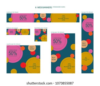 Six web banners standard sizes with space for photo. Leaderboard, Half banner, square button, large rectangle, fat skyscraper, skyscraper. Vector illustration. EPS 10