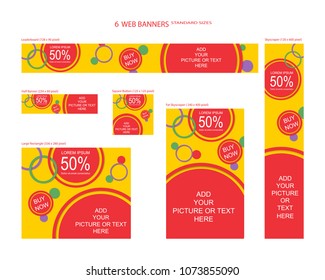 Six web banners standard sizes with space for photo. Leaderboard, Half banner, square button, large rectangle, fat skyscraper, skyscraper. Vector illustration. EPS 10