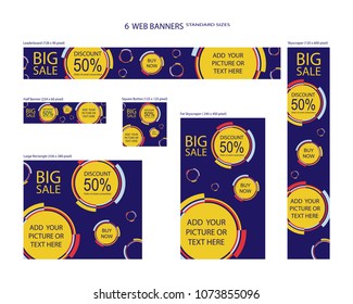 Six web banners standard sizes with space for photo. Leaderboard, Half banner, square button, large rectangle, fat skyscraper, skyscraper. Vector illustration. EPS 10