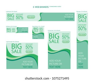 Six web banners standard sizes with space for photo. Leaderboard, Half banner, square button, large rectangle, fat skyscraper, skyscraper. Vector illustration. EPS 10
