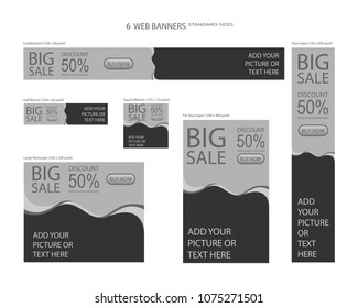 Six web banners standard sizes with space for photo. Leaderboard, Half banner, square button, large rectangle, fat skyscraper, skyscraper. Vector illustration. EPS 10