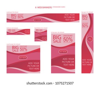 Six web banners standard sizes with space for photo. Leaderboard, Half banner, square button, large rectangle, fat skyscraper, skyscraper. Vector illustration. EPS 10