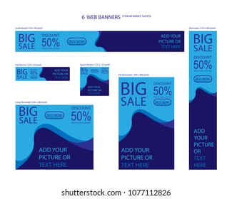 Six Web Banners Standard Sizes With Space For Photo. Leaderboard, Half Banner, Square Button, Large Rectangle, Fat Skyscraper, Skyscraper. Vector Illustration. EPS 10