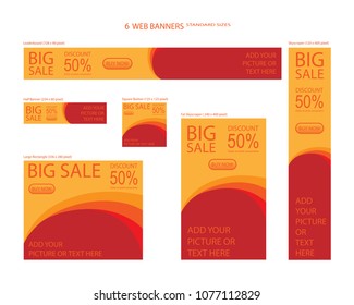 Six Web Banners Standard Sizes With Space For Photo. Leaderboard, Half Banner, Square Button, Large Rectangle, Fat Skyscraper, Skyscraper. Vector Illustration. EPS 10