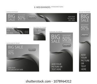 Six web banners standard sizes with space for photo. Leaderboard, Half banner, square button, large rectangle, fat skyscraper, skyscraper. Vector illustration. EPS 10