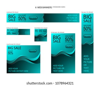 Six web banners standard sizes with space for photo. Leaderboard, Half banner, square button, large rectangle, fat skyscraper, skyscraper. Vector illustration. EPS 10