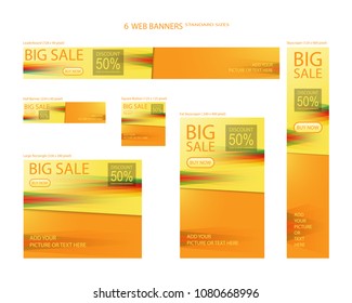 Six web banners standard sizes with space for photo. Leaderboard, Half banner, square button, large rectangle, fat skyscraper, skyscraper. Vector illustration. EPS 10