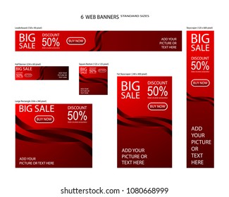 Six Web Banners Standard Sizes With Space For Photo. Leaderboard, Half Banner, Square Button, Large Rectangle, Fat Skyscraper, Skyscraper. Vector Illustration. EPS 10