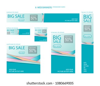 Six Web Banners Standard Sizes With Space For Photo. Leaderboard, Half Banner, Square Button, Large Rectangle, Fat Skyscraper, Skyscraper. Vector Illustration. EPS 10