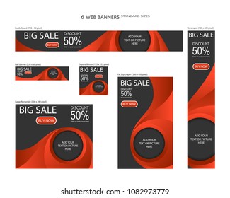 Six Web Banners Standard Sizes With Space For Photo. Leaderboard, Half Banner, Square Button, Large Rectangle, Fat Skyscraper, Skyscraper. Vector Illustration. EPS 10