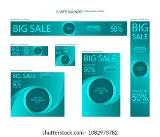 Six web banners standard sizes with space for photo. Leaderboard, Half banner, square button, large rectangle, fat skyscraper, skyscraper. Vector illustration. EPS 10