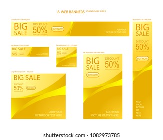 Six Web Banners Standard Sizes With Space For Photo. Leaderboard, Half Banner, Square Button, Large Rectangle, Fat Skyscraper, Skyscraper. Vector Illustration. EPS 10