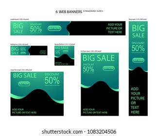 Six web banners standard sizes with space for photo. Leaderboard, Half banner, square button, large rectangle, fat skyscraper, skyscraper. Vector illustration. EPS 10