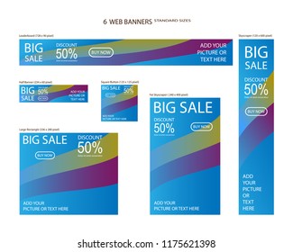 Six Web Banners Standard Sizes With Space For Photo. Leaderboard, Half Banner, Square Button, Large Rectangle, Fat Skyscraper, Skyscraper. Vector Illustration. EPS 10