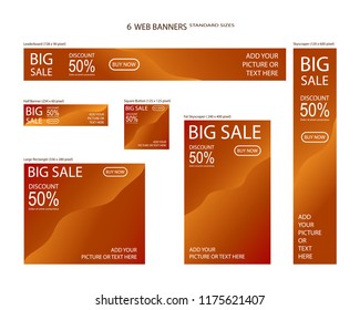 Six Web Banners Standard Sizes With Space For Photo. Leaderboard, Half Banner, Square Button, Large Rectangle, Fat Skyscraper, Skyscraper. Vector Illustration. EPS 10