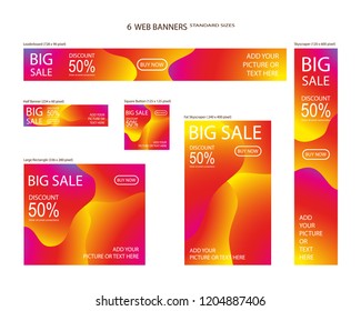 Six Web Banners Standard Sizes With Space For Photo. Leaderboard, Half Banner, Square Button, Large Rectangle, Fat Skyscraper, Skyscraper. Vector Illustration. EPS 10