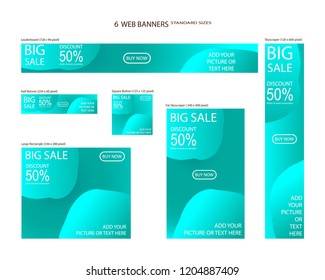 Six Web Banners Standard Sizes With Space For Photo. Leaderboard, Half Banner, Square Button, Large Rectangle, Fat Skyscraper, Skyscraper. Vector Illustration. EPS 10