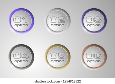 Six web round button for website or app. Isolated bell sign with border, reflection and shadow on background. Vector button eps10