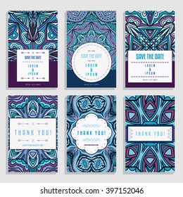 Six wedding cards with ethnic ornaments. Collection of romantic wedding and thank you cards with boho patterns. Template for greeting or save the date card or invitation. Vector illustration.