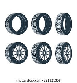 Six wheels in different positions. Vector illustration.