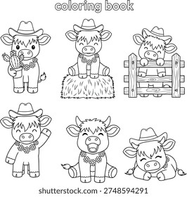 Six whimsical line art cows are depicted in various poses, each wearing a cowboy hat and a flower lei. One holds a potted cactus, another sits on hay, and a third peeks over a wooden fence.
